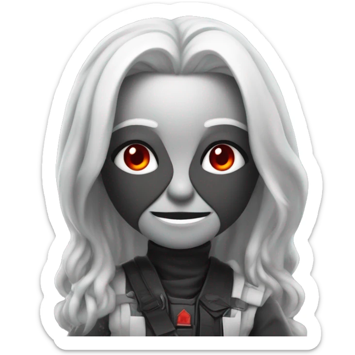 Specter, with long silver hair and red eyes, wears a revealing black and white outfit with tactical elements, striking a playful pose with a confident smirk. sticker