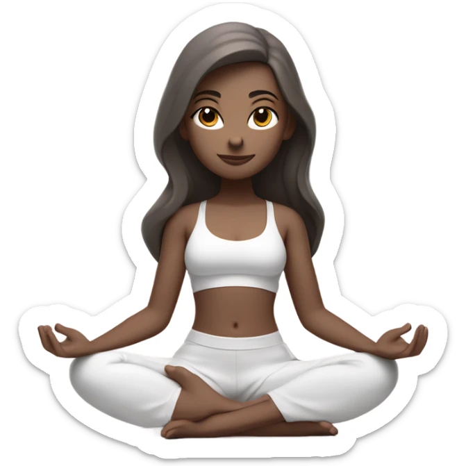 a girl with brown long hair, white skin tone with brown eyes, meditates in a relaxed lotus position in a comfortable monochrome white bra top and monochrome pink short skirt sticker