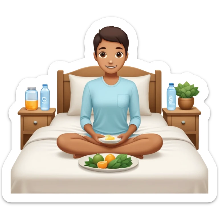 A person in the sun, with a plate of whole foods, water bottle, and glowing bed behind them. Nearby, smiling friends gather—symbolizing balance, healing, and connection through simple daily rituals. sticker