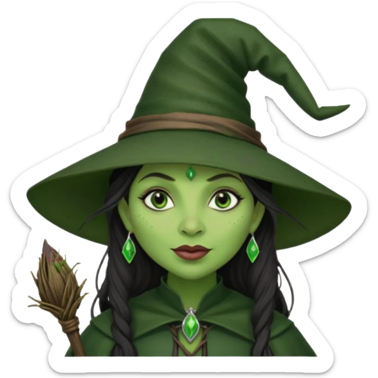 elphaba the wicked witch from wicked movie (cynthia erivo) dark long textured hair, thick lips, green skins, witch hat, witch broom sticker