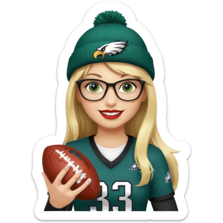 full length women wearing eagles uniform, long blonde hair, styled bangs, green eyes, black glasses, holding football, number 33, smiling, lipstick, eagles beanie sticker
