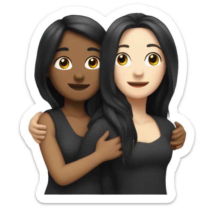 A lesbian couple that both have white skin and long black hair are hugging intimately, and romantically. sticker