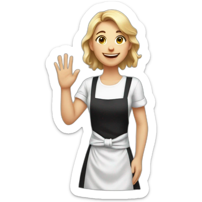 Slavic girl in a white T-shirt and black apron waves her right hand and smiles sticker