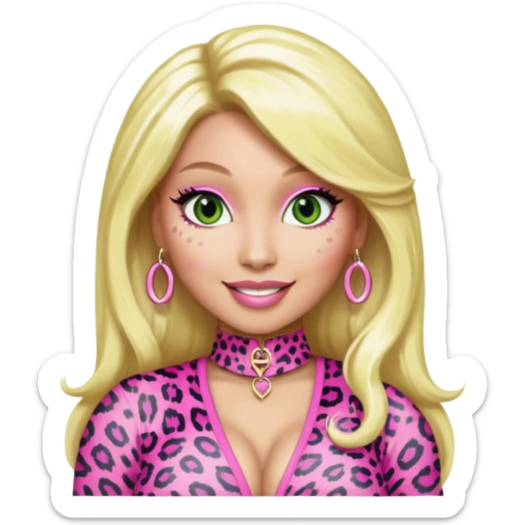 Smiling Green eyed light white skin Nicki Minaj wearing a pink leopard print outfit with blonde hair sticker