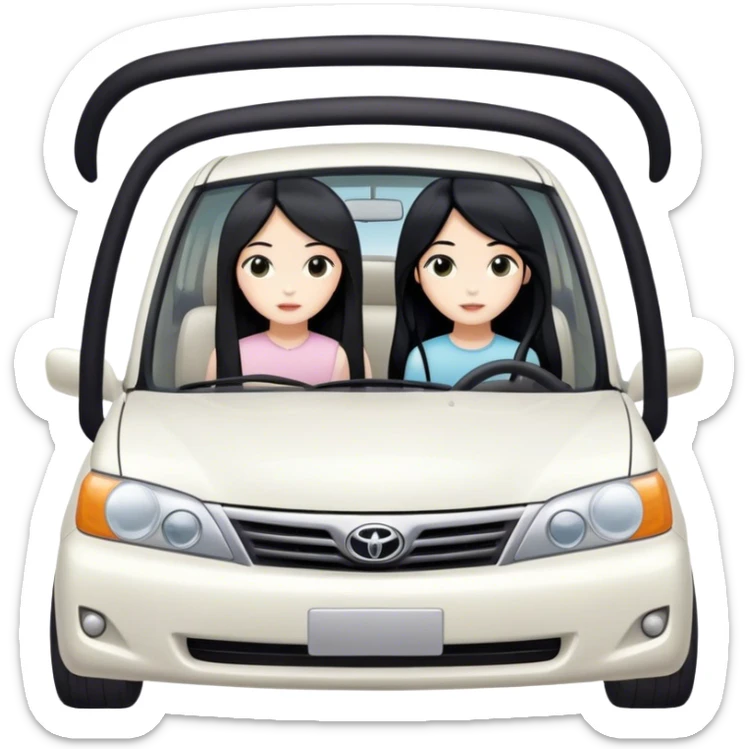 Two girls with long black hair, white, in white Toyota car from far view  sticker