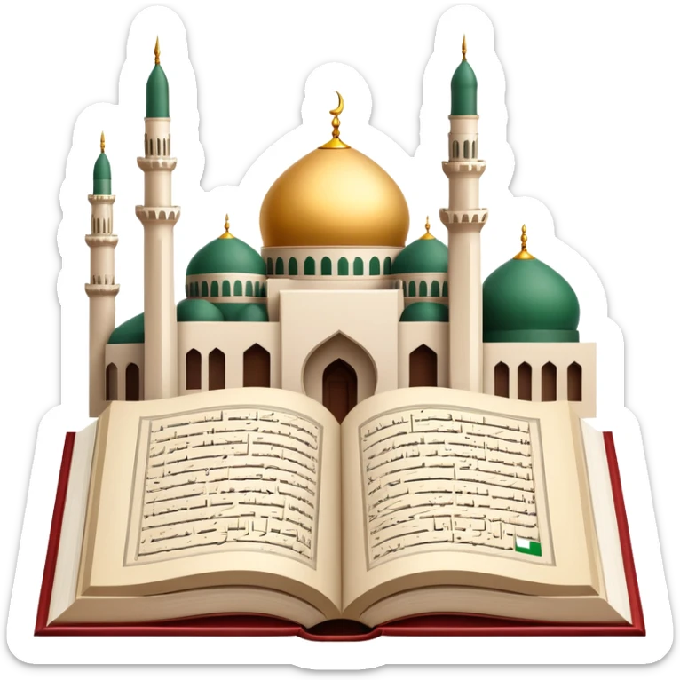 An icon featuring the mosque and the flag of an Arabic-speaking country, symbolizing the Arabic language. The design includes an open book with Arabic script and calligraphy, representing language learning and cultural heritage. Transparent background sticker
