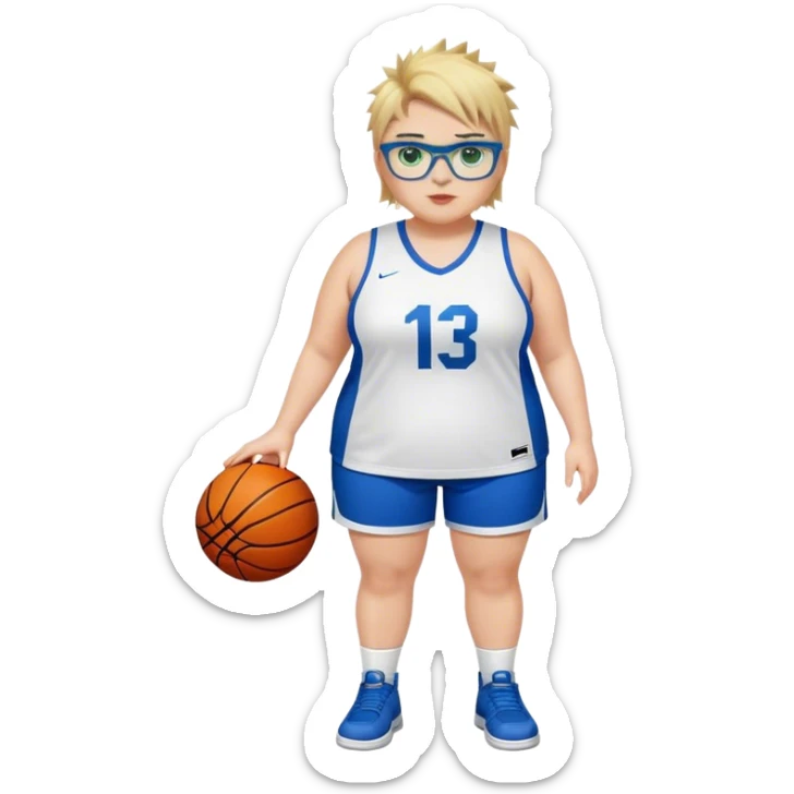 Full Body white plus size Girl with basketball spikey short brown and blonde hair  wearing blue glasses with green eyes wearing basketball uniform sticker