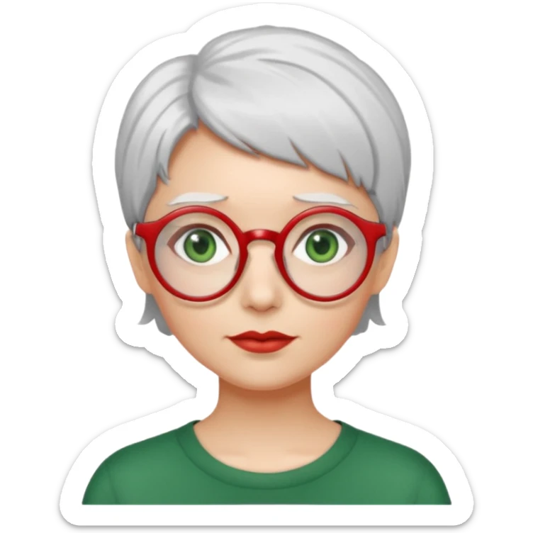 visage femme a lunettes ronde rouge fine avec cheveux courts gris-blancs aux yeux verts sticker