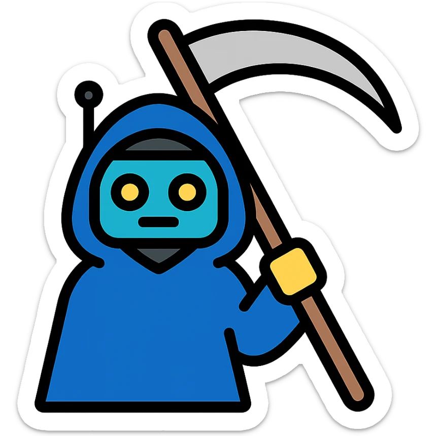 color outline icon of an AI robot as the Grim Reaper holding a scythe sticker