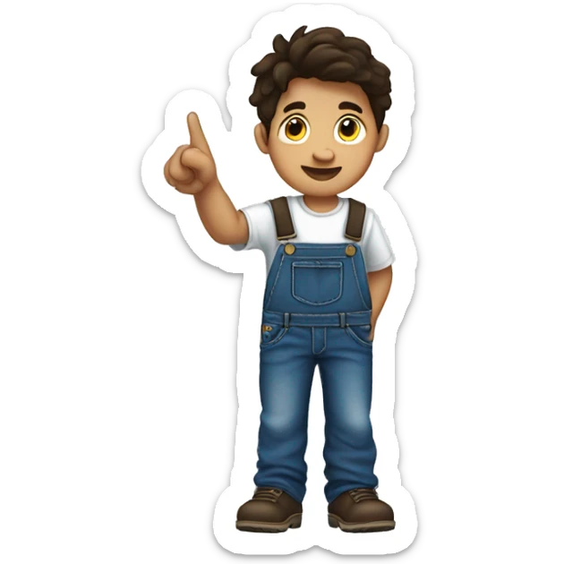 boy pointing to the sky, dark brown wavy hair, wearing blue jeans overalls and white shirt. half body. from behind sticker
