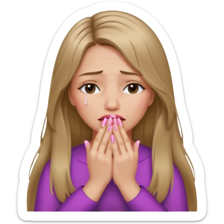 long Bronde hair girl crying with hands covering face and nails long sticker