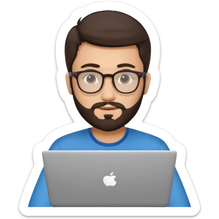 23 year old Azerbaijani man with dark brown hair and beard with glasses and laptop sticker