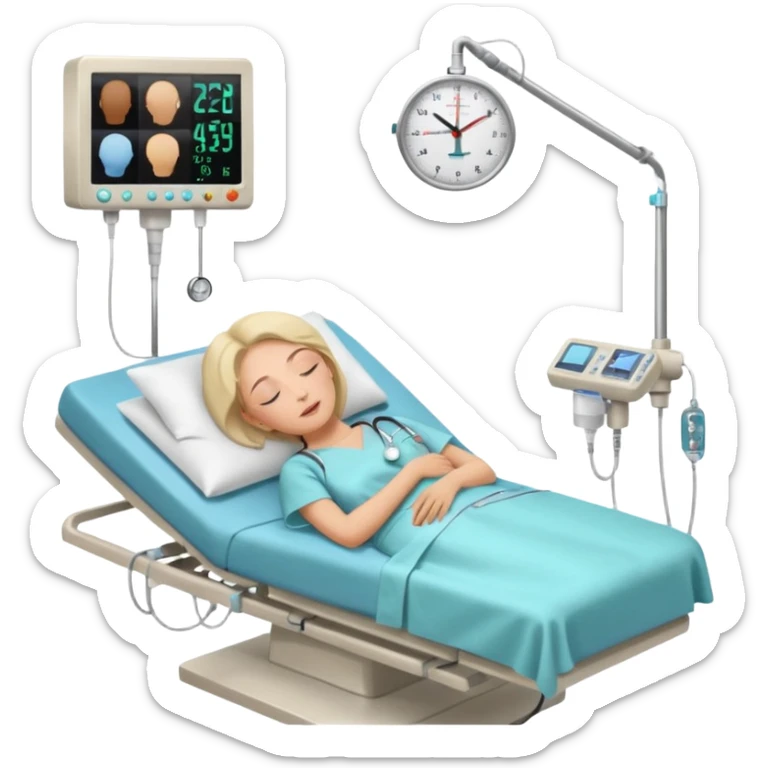 A woman in her 50s lying on an examination bed with eyes closed, shown in a wide, full-body view in a clean colonoscopy procedure room. Only the patient is visible. sticker