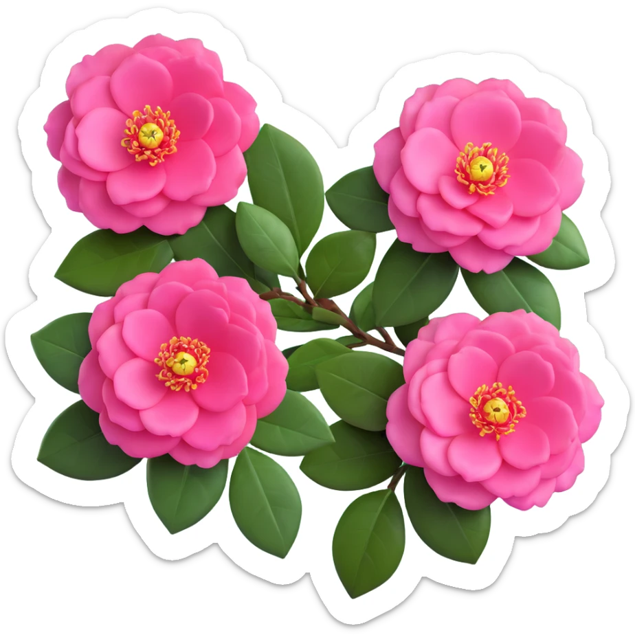 Detailed pink camellia flower with perfectly arranged petals and shiny dark green leaves sticker