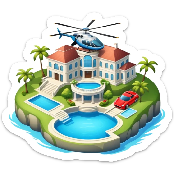 An island with big mansion with a swimming pools and fancy cars and a helicopter  sticker