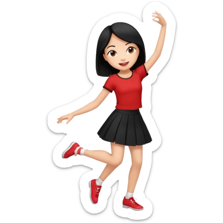 Chicas esbelta con falda corta negra y top rojo,pelo semi largo negro y lacio  super feliz,pero bailando sticker