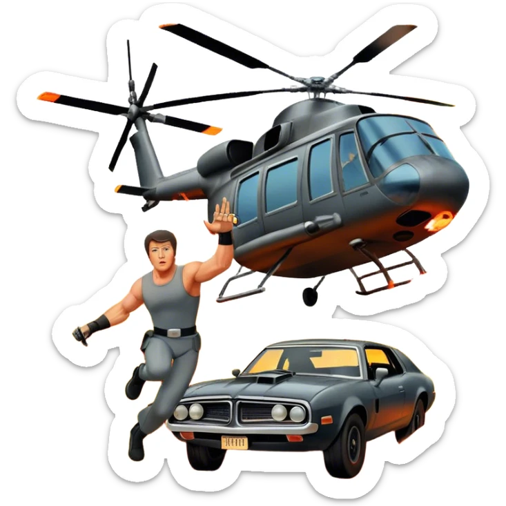 Icon for Action Movie: A vintage movie poster-style design featuring intense action scenes with explosions, weapons, and dramatic poses of Stallone. Include cars and helicopters flying out of flames in the background. Bold typography and retro cinematic style. Transparent background. sticker