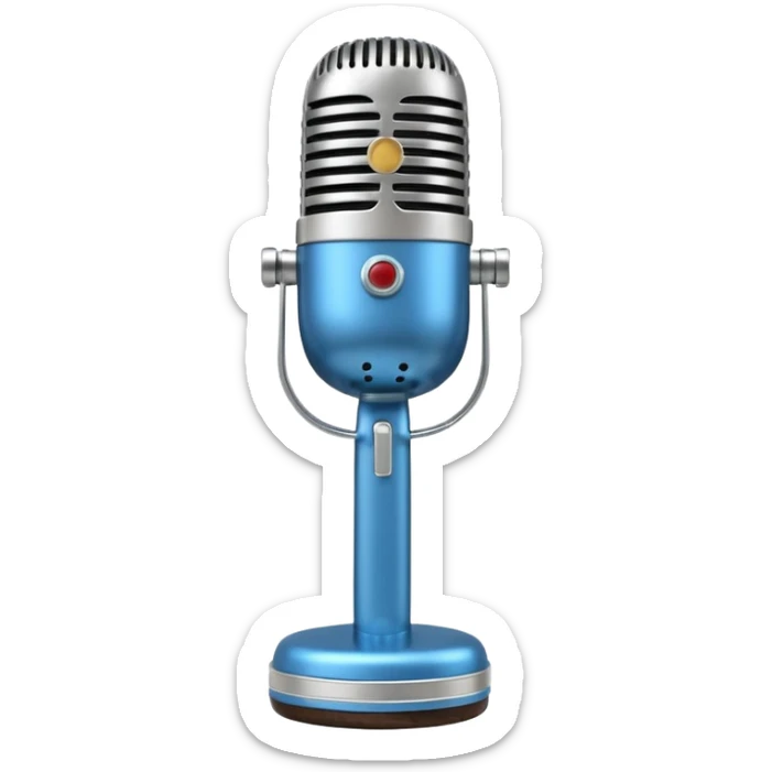 3D render of Elvis Microphone, vintage 1980s audio equipment aesthetic, tactile analog buttons, shiny silver metal grille with a blue handle, mixed wood grain and brushed aluminum textures, Apple emoji style, isolated on white background --v 6.0 sticker