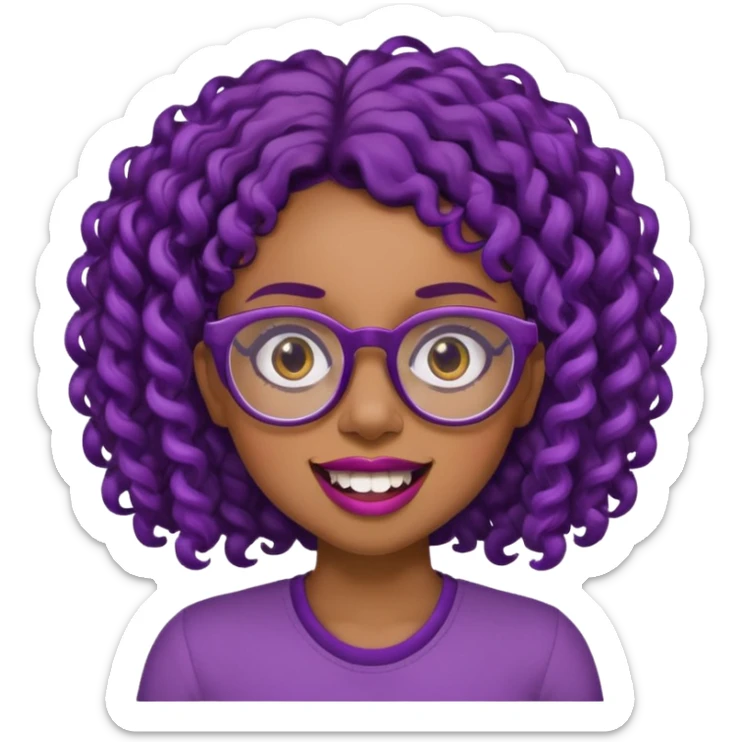 nerd emoji like with glasses showing only her 2 buck teeth but it’s a black girl with purple black curly hair face up only sticker
