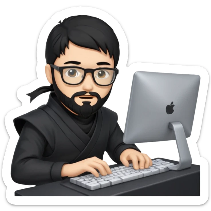 Man with black hair and beard wearing glasses in a ninja costume typing on a computer keyboard sticker