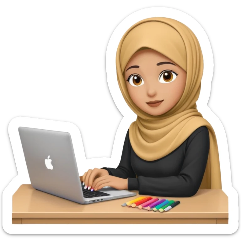 a hijab girl at a desk with a laptop and color swatches, Apple emoji style sticker