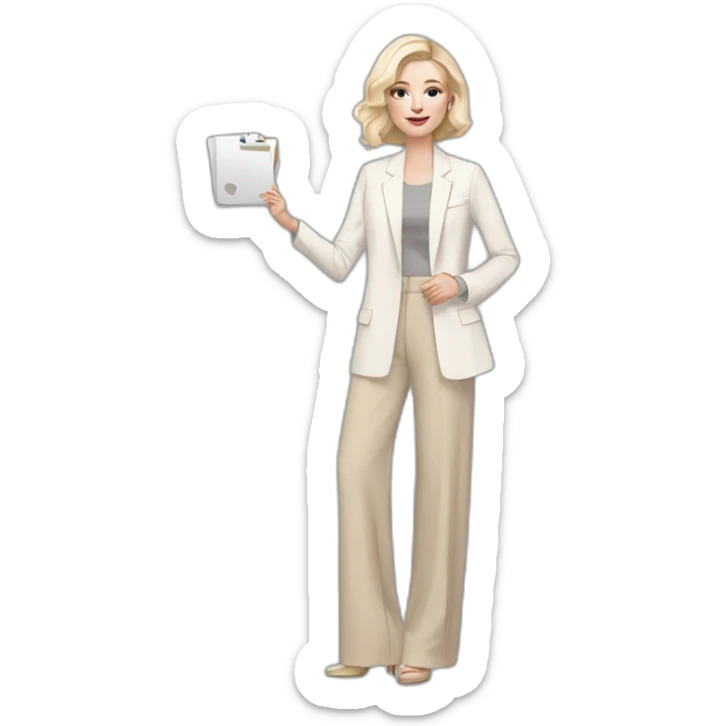 pale skin woman with ash blonde Straightened bob Hair, White Spacious classical jacket, beige palazzo Arrow pants and gray blouse holding a color palette in the hands sticker
