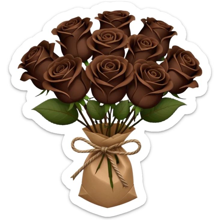 Bouquet of the darkest really dark brown roses in a paper package covered sticker