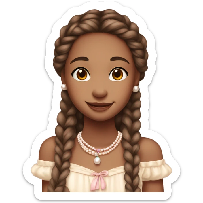 The girl, with a warm, rosy complexion, sparkling brown eyes, and a friendly smile, wears long braids adorned with blush and cream ribbons, a pastel off-the-shoulder top, a pearl necklace, and exudes warmth and vintage charm. sticker