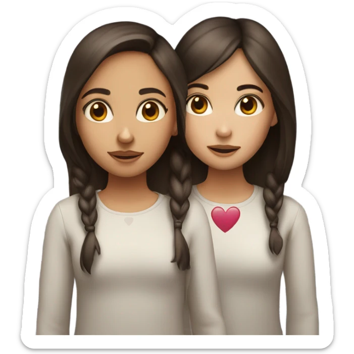 Two girls are friends, both brown-eyed, dark-haired, with fair skin. One has rounder eyes, the other has fox eyes. And the hearts sticker