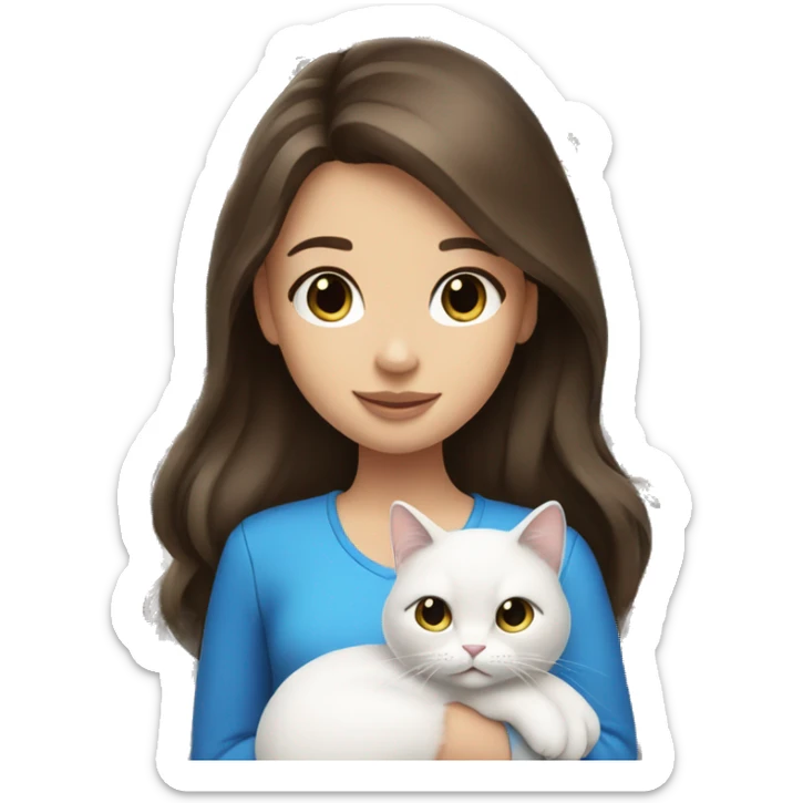 brunette girl with long hair and holding a white cat with blue logos sticker