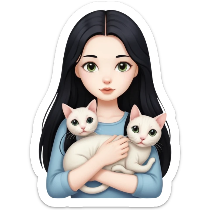 Beautiful girl with long black hair holding a hairless cat sticker
