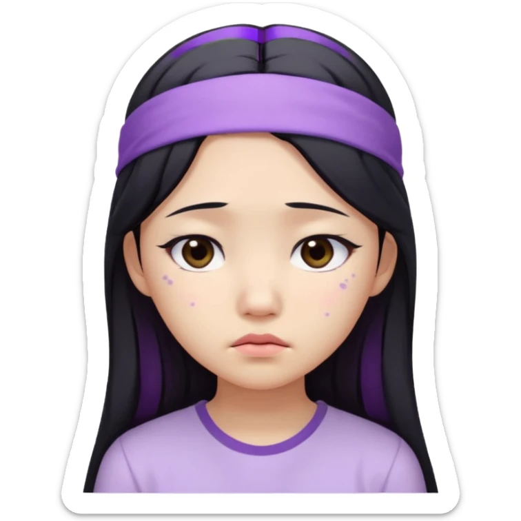 Asian girl with long black hair, lilac headband, white shirt, sad face, acne on cheek sticker