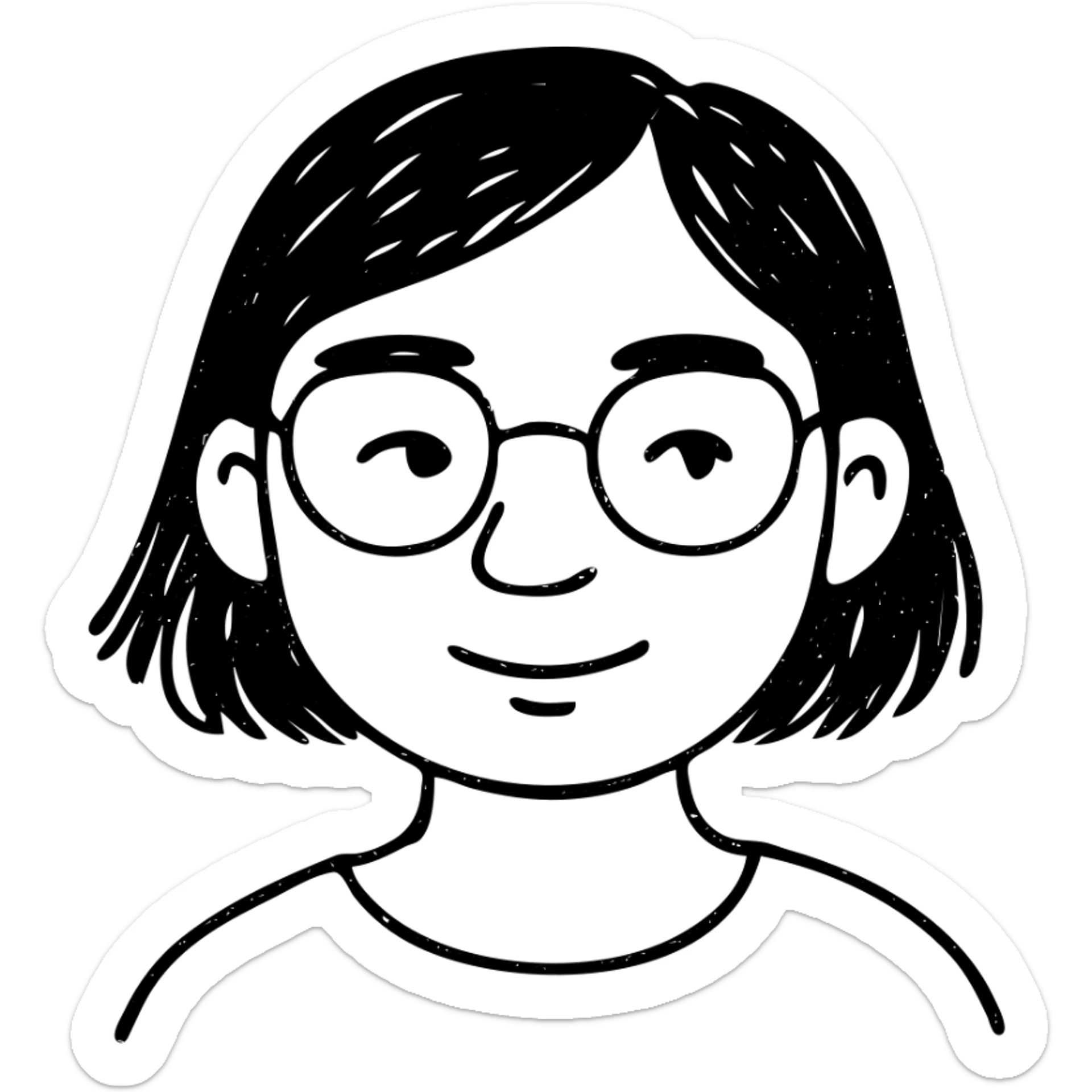 Asian girl with tan skin, short black hair, and glasses, hand drawn outlined icon sticker