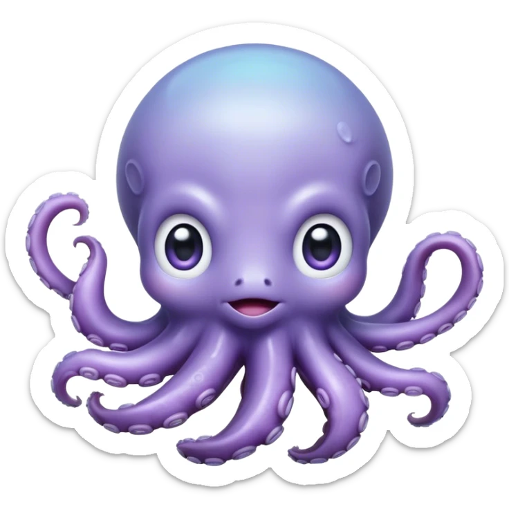 Meme-Worthy Floating Baby Octopus Portrait Emoji, Drifting gracefully in the water with soft, curled tentacles and a dreamy, weightless posture, showcasing a smooth, rounded light blue-purple body with mesmerizingly large, gentle eyes gazing into the abyss, Simplified yet poetically expressive features, highly detailed, glowing with a soft, celestial marine glow, high shine, quiet and mystical, stylized with an air of deep-sea serenity, soft glowing outline, capturing the essence of a tiny, peaceful cephalopod floating endlessly in the infinite beauty of the ocean depths! sticker