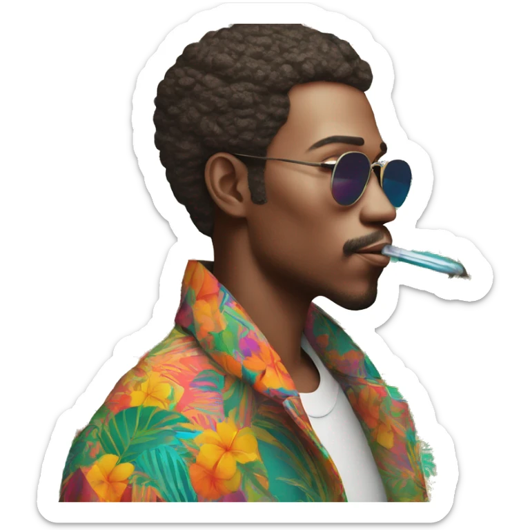 Person vaping wearing a colourful vibrant tropical patchwork of intricate vintage patterns, vape sticker