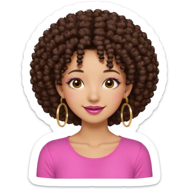 Naturally tan skin girl short darkBrown curly afropink shirt very long lashes hoop gold earrings Brown eyes gyaru smiling closed mouth cute non perfect circular a sticker