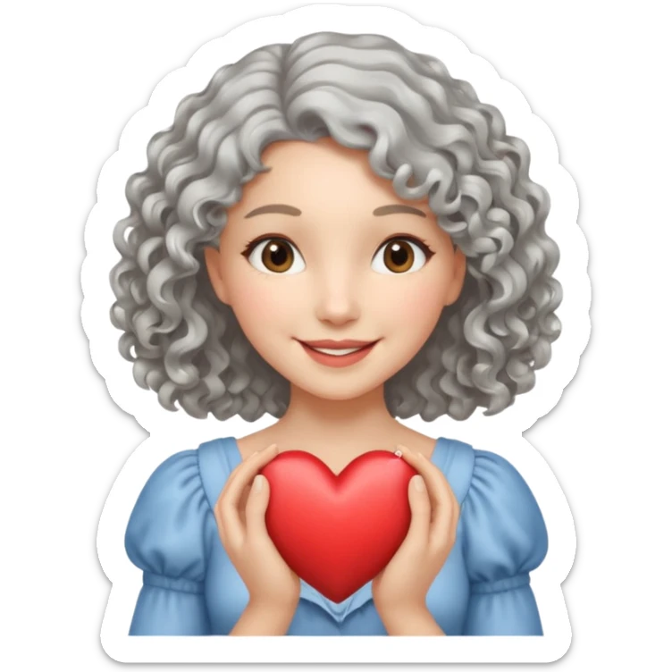 silvery curly/wavy shoulder-length hair smiling lady holding a heart thinner hair sticker