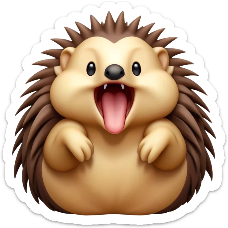 Cinematic Cute Yawning Echidna Portrait Emoji, Head tilted slightly with a dramatic, wide-open yawn, showcasing a soft, downy spiky fur with a slightly drooping snout and small, drowsy eyes, Simplified yet irresistibly adorable features, highly detailed, glowing with a soft, cozy glow, high shine, relaxed yet expressive, stylized with a touch of prickly whimsy, bright and endearing, soft glowing outline, capturing the essence of a sleepy yet affectionate echidna, so drowsy it feels like it could curl up out of the screen for a nap! sticker