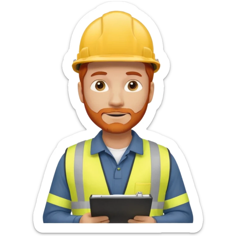 A safety construction worker who is male and has red hair, no beard but slight facial scruff from time to time. He needs a hard hat and maybe a clipboard with a check list for his safety checks. sticker