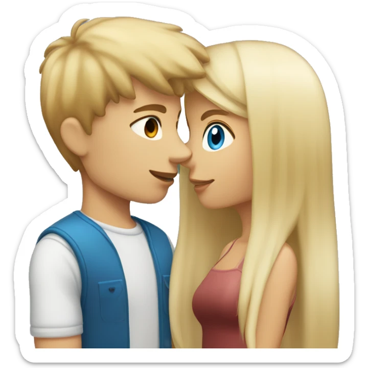 Girl with long back hair with bangs and tan skin kissing a boy with blonde hair blue eyes and white skin sticker