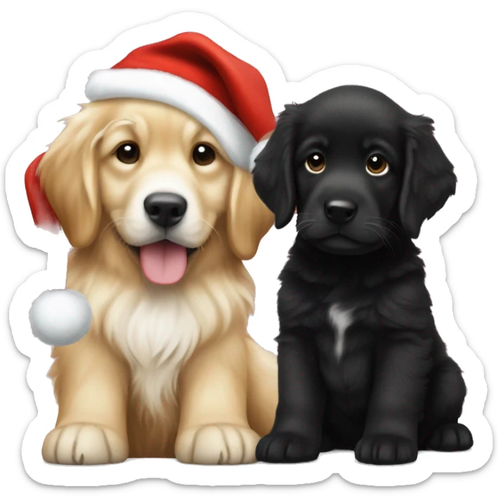 solid black fluffy puppy wearing red vest with white golden retriever puppy wearing a santa hat sticker