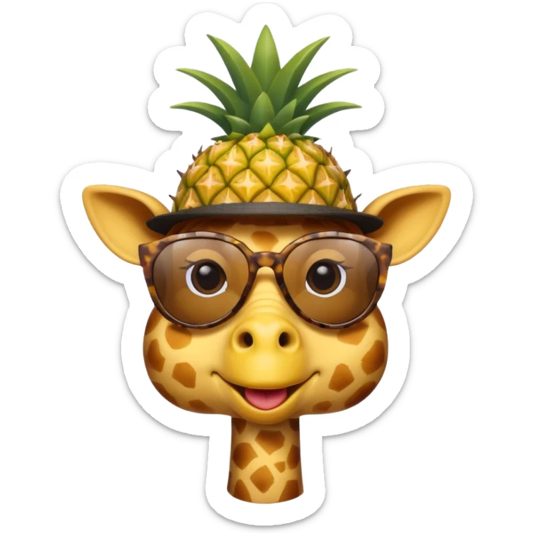 Hybrid of giraffe and chicken wearing pineapple sunglasses with a top hat sticker
