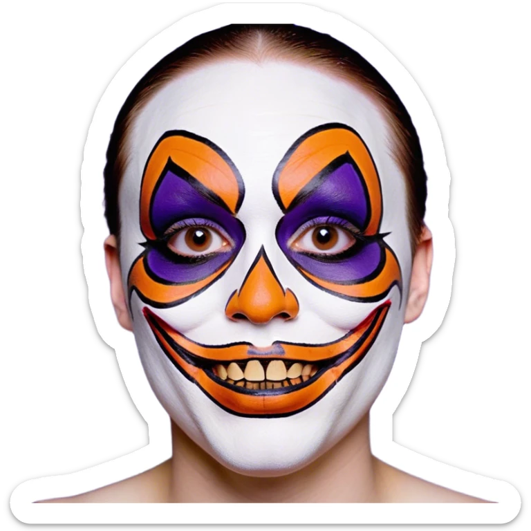 Juggalo smiley face that is Perfectly round and hairless with white skin with realistic human brown colored eyes and elaborate but symmetrical thin lined face paint that covers most of the area of their face from the top of the forehead down the sides of their chin to the bottom of their face that is orange outlined in dark purple, with an unrealistic anatomically impossible grin with broken teeth and look in their eyes that is menacing sticker