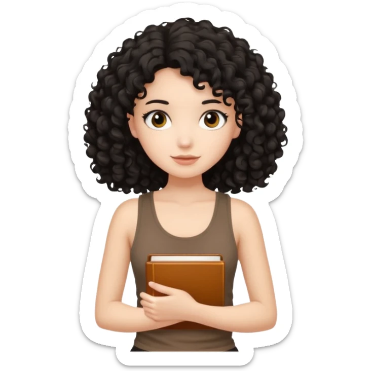 a pretty bratz fair girl with black curly hair in a brown tank top holding a book sticker