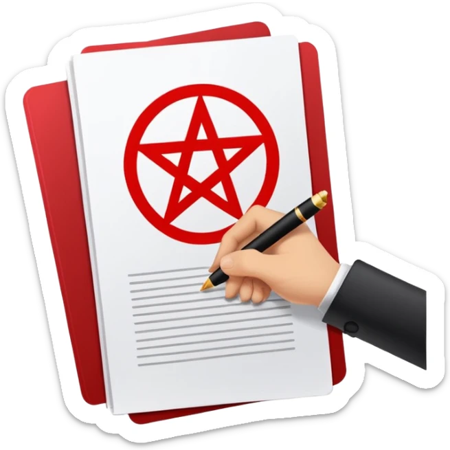 Minimalist emoji-style sticker of a hand signing a contract that says “YOUR SOUL” in bold letters, red ink, pentagram seal sticker