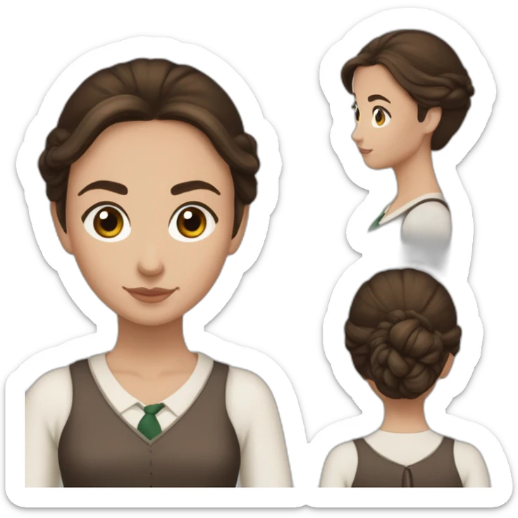 Fille brune aux yeux marron blanche de peau, un chignon et avec une tenue de la maison serpentard dans Harry potter sticker