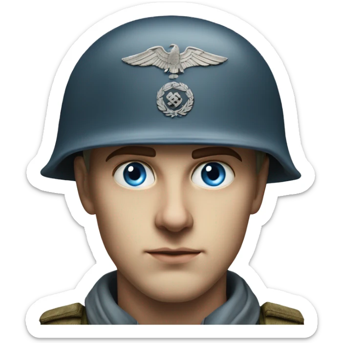blue eyed  guy 28 years old german soldier in helmet 1940 photorealistic serious sticker