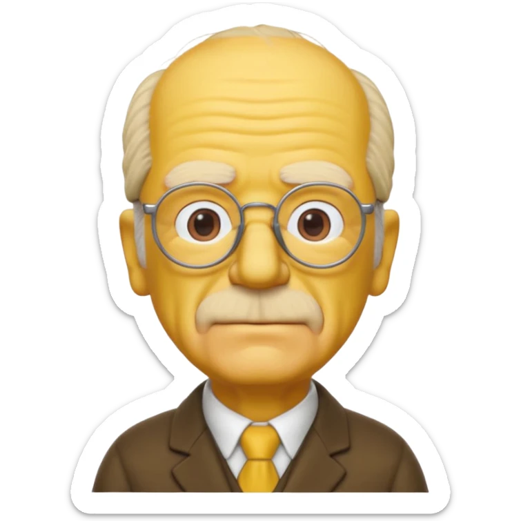 A 3D cartoon close-up of Grandpa Abe Simpson from The Simpsons, rendered in Memoji-style with bald yellow head, white tufts of hair on the sides, wrinkled face, glasses, and warm lighting. Match the Simpsons family color tone and style. sticker