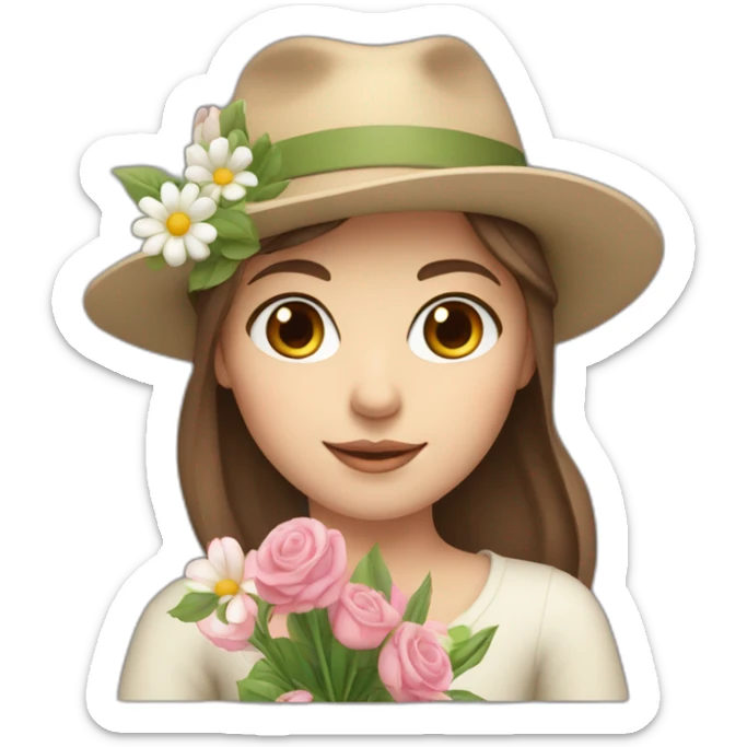white skin, Girl with a hat, brown hair straight to the shoulders, holding a bouquet of flowers sticker