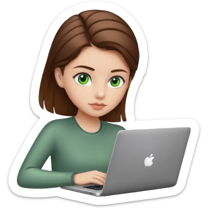 fată cu ochi verzi și păr șaten strâns în partea din spate a capului, lucrând pe un laptop sticker